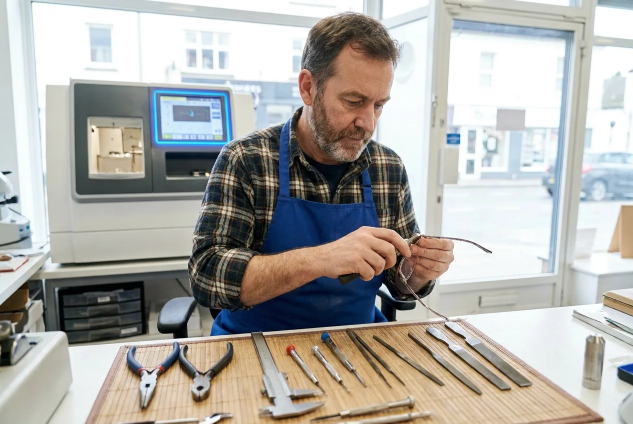 Optiker an der Werkbank in der eigenen Werkstatt